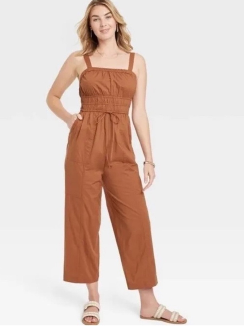 Universal Thread Rust Brown Cotton Smocked Wide Leg Jumpsuit Size S